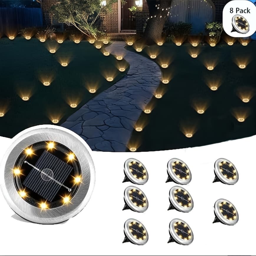TEMU Mini Solar 8led Ground Buried Lamp, White/warm Light Outdoor Stainless Steel Ground Solar Lamp, Outdoor Solar Street Lamp, Decorate Courtyard, Garden, Path, Sidewalk, Driveway