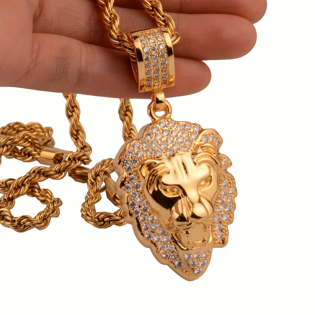 TEMU Men' Steel Pendant Necklace With Accents - Golden-tone Modern Statement Jewelry For Casual & Formal Wear, Lion Jewelry, Fashionable , Stylish Accessory, , Polished Finish, Gift