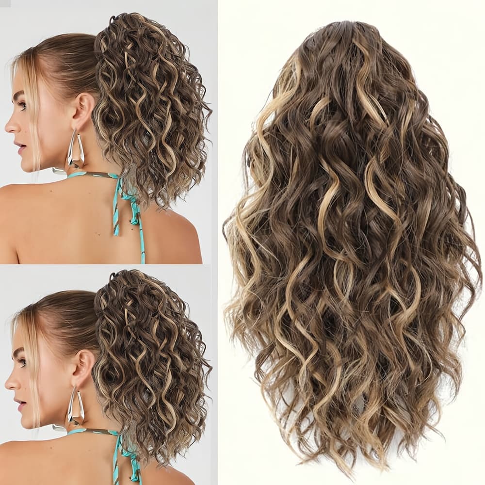 TEMU 14 Inch Water Ripple Small Claw Clip Ponytail Synthetic Hair Extensions In Black, Brown, And Beige, Suitable For Women's Wig Extensions And Holiday Outfits
