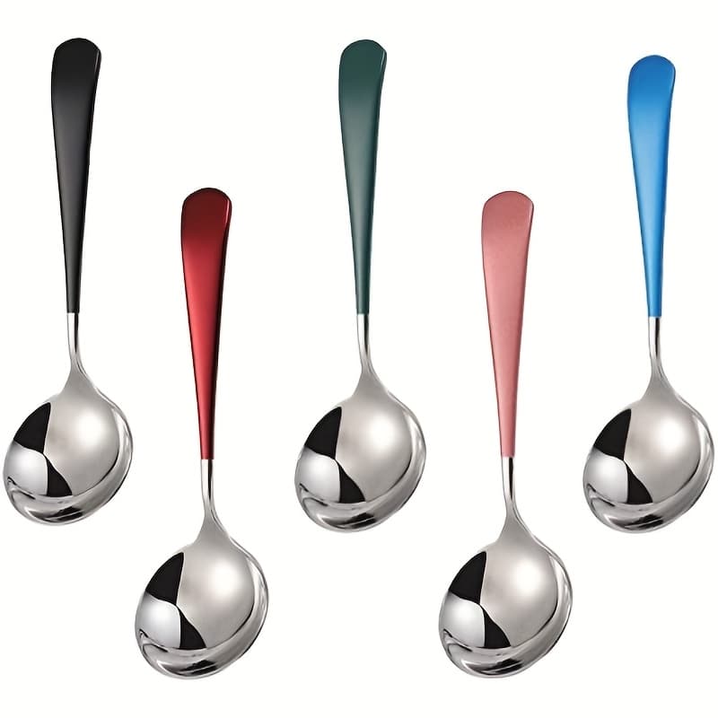 TEMU 5pcs Stainless Steel Spoons, Spoons, Modern Thick Handled, Dinner Metal Spoons, Suitable For Soup, Cereal, Desserts, Milk, Tea, Coffee
