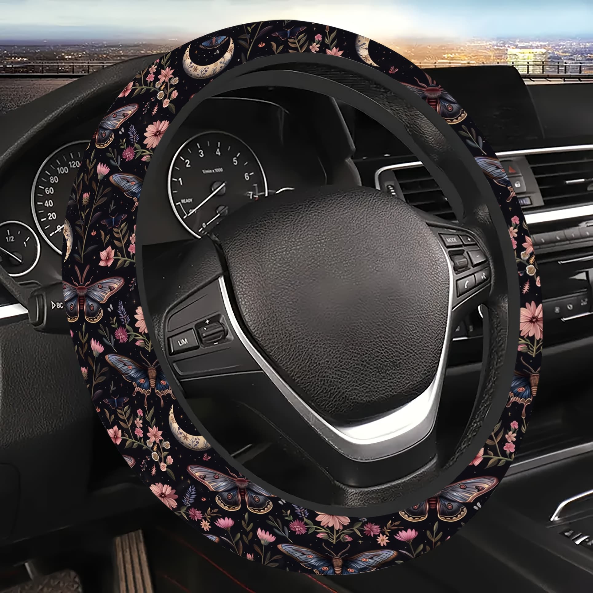 TEMU Sky Moon Print Steering Wheel Cover - 15-inch Non-slip Elastic Grip, Vibrant Multicolor , Interior Decoration