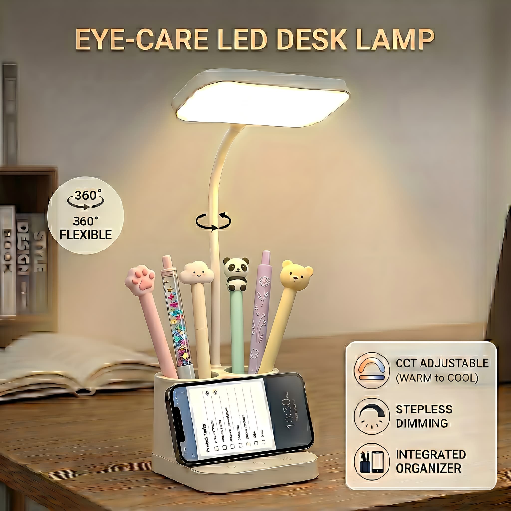 TEMU Multifunctional Led Desk Lamp, Soft Reading Lamp With Dual Pen Holders For Desktop Organization, Flexible Arm, Touch Control Dimming, Simple Work Light For Dormitory Desks