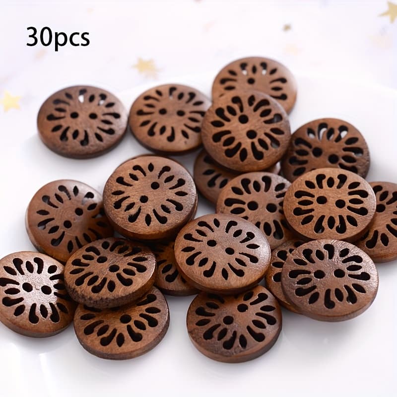 TEMU 30pcs Vintage Hollow Wood Buttons, 18mm Flat Back With 2 Holes, Suitable For Sewing, Scrapbooking And Diy Crafts
