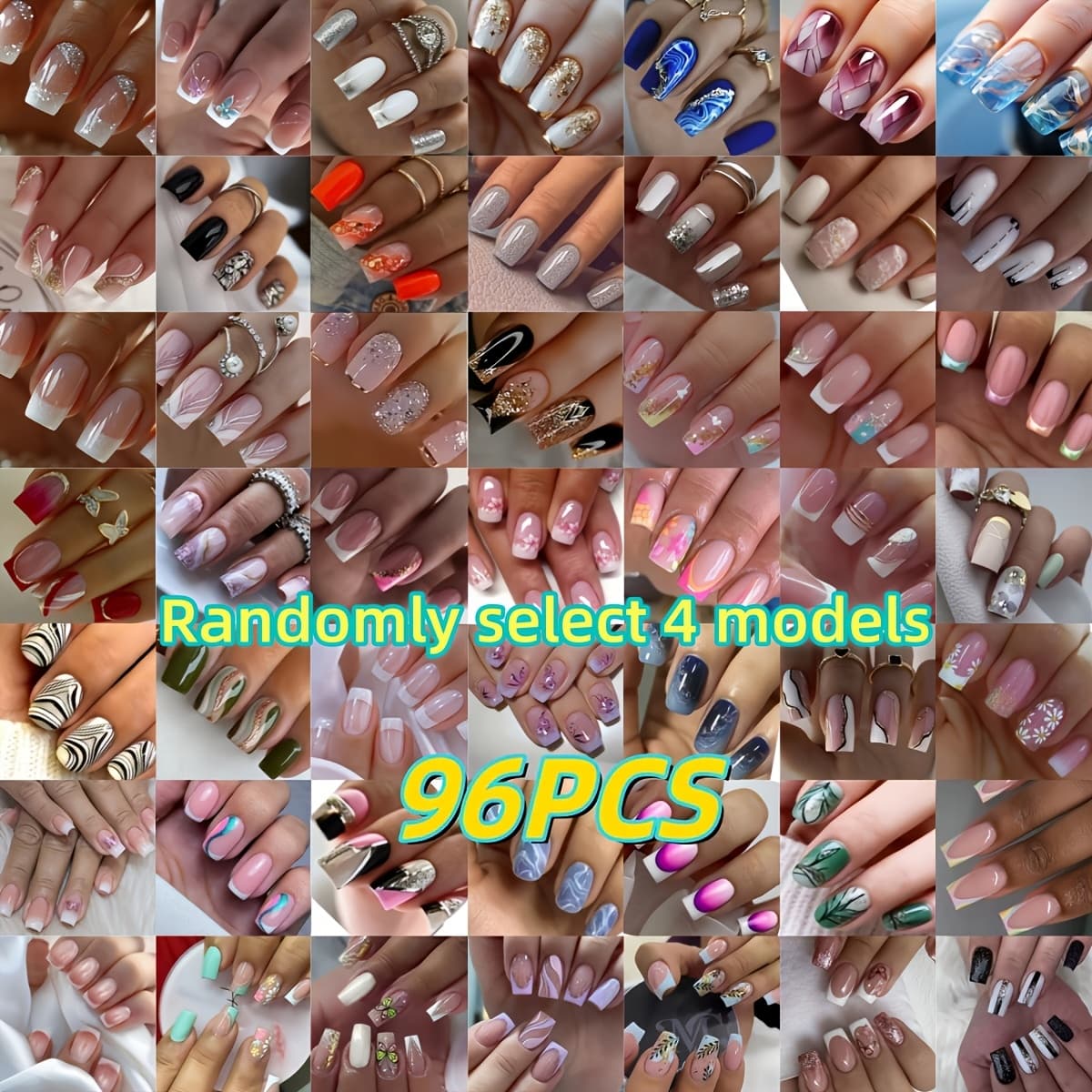 TEMU Showcase Your Beauty - 96pcs Random Assorted Styles, Medium Square Press-on Nails, Trendy Fake Nail Set, Full Coverage Press-on Nails For Women And, Perfect For Parties And