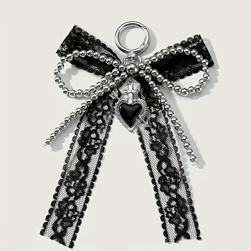TEMU Lace Bow Keychain With Heart Women's Key Ring Phone Charm
