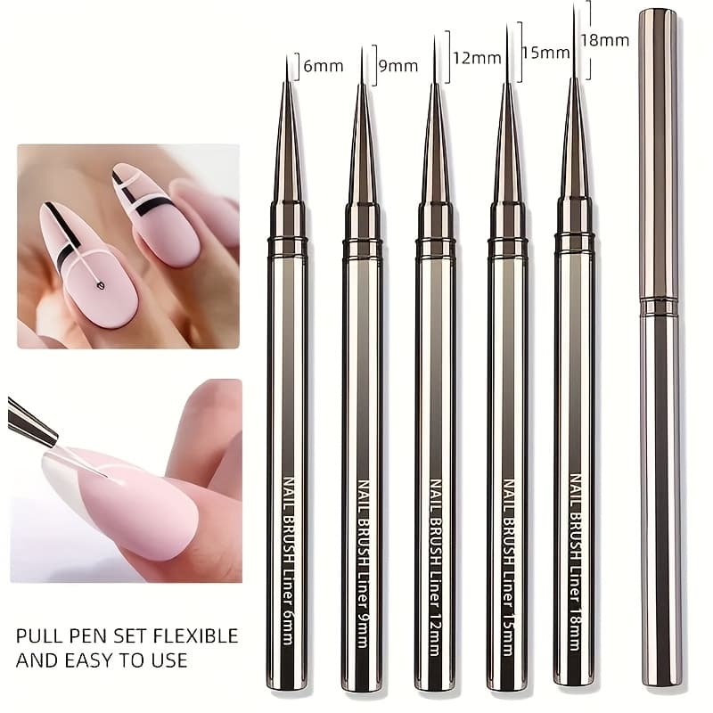 TEMU Durable 5pcs Precision Nail Art Brush Set - Gel & Polish Liner Brushes For Detailed Stripes, Flowers & Leaves, Sizes 6/9/12/15/18mm - Perfect For Diy & Professional , Nail Tips