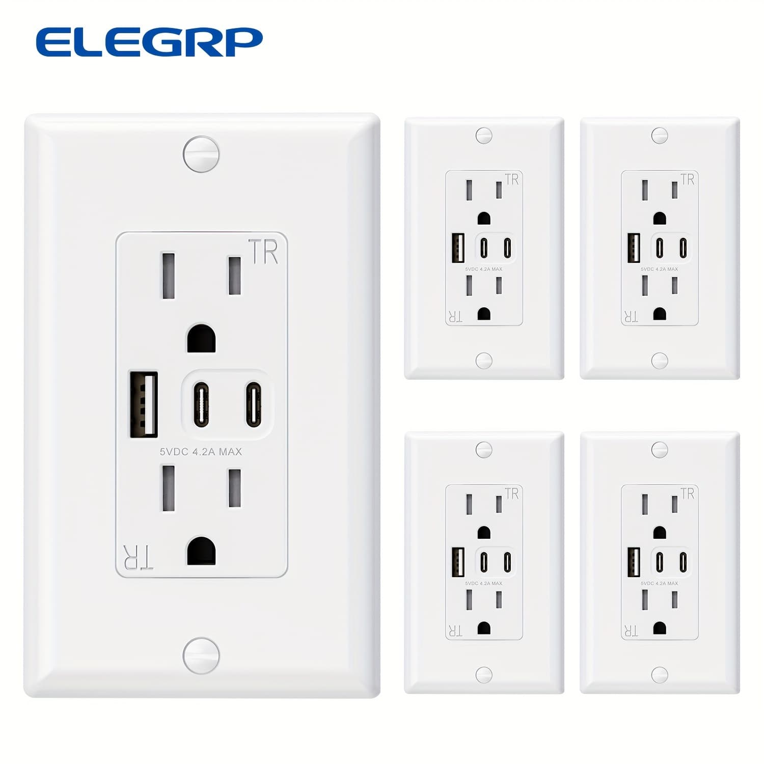 TEMU Elegrp 5 Pack, White Usb Outlets, 15 Amp Wall Outlet With 3 Usb Ports, Dual Usb C Ports Outlets, Tr Tamper-resistant Usb Outlets Receptacles, Wall Plate Included