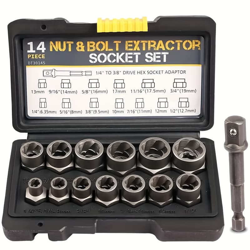 TEMU Ycupup Nut Extractor Kit 14pcs Nut Removal Tool With 13 Bolts And Nut Removers, 1 Hex Socket Adapter For 1/4" To 3/8" Drives
