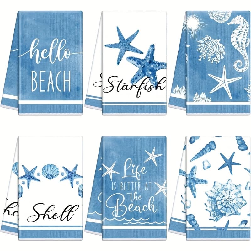 TEMU Set Of 6 Modern Cartoon Ocean-themed Hand Towels, Made Of Soft Polyester Fiber, Featuring Starfish And Shell Designs, Machine Washable, Rectangular Towels, Suitable For Beach Party Supplies