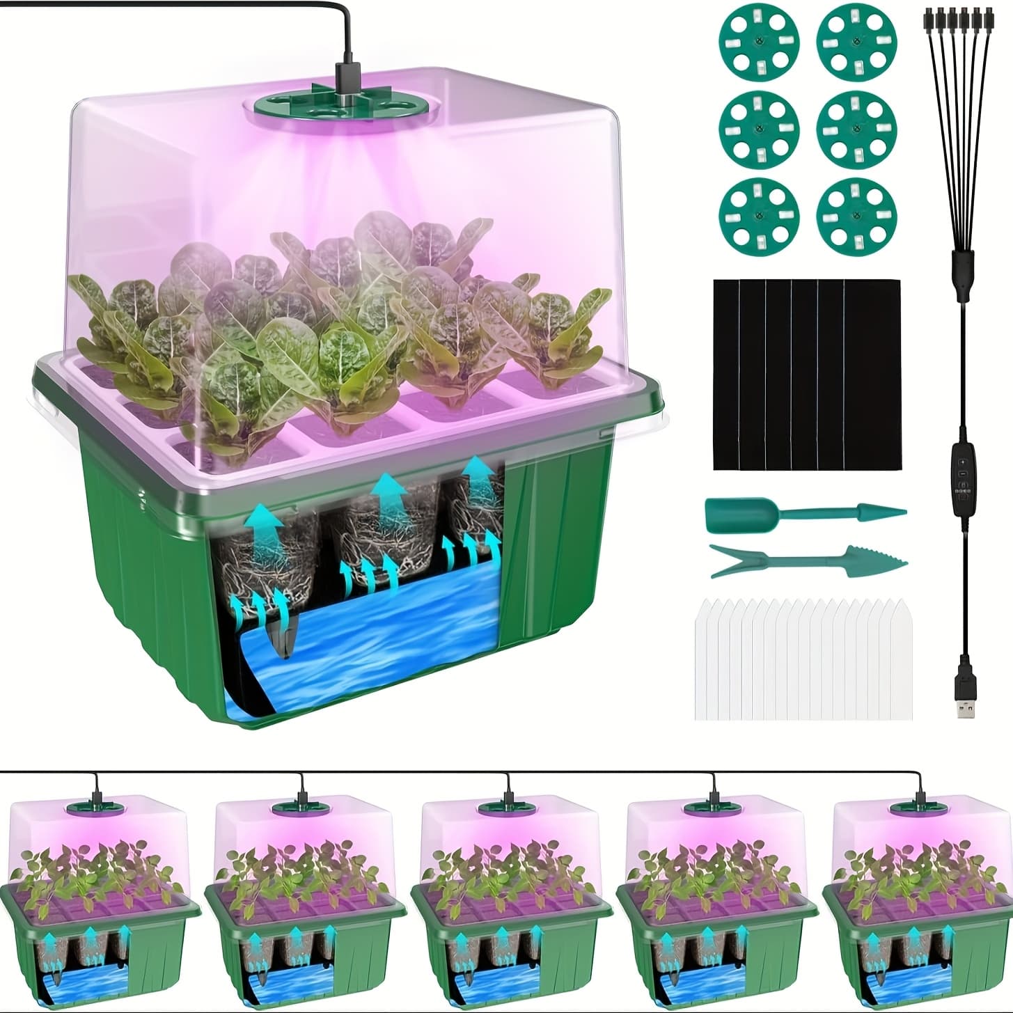 TEMU Self-watering Seedling Tray With Grow Light, 5/6pcs Set Of 60/72-cell Reusable Seedling Kit, Includes Plastic Plant Germination Tray With Humidity Cover, Suitable For Sowing, Planting, And