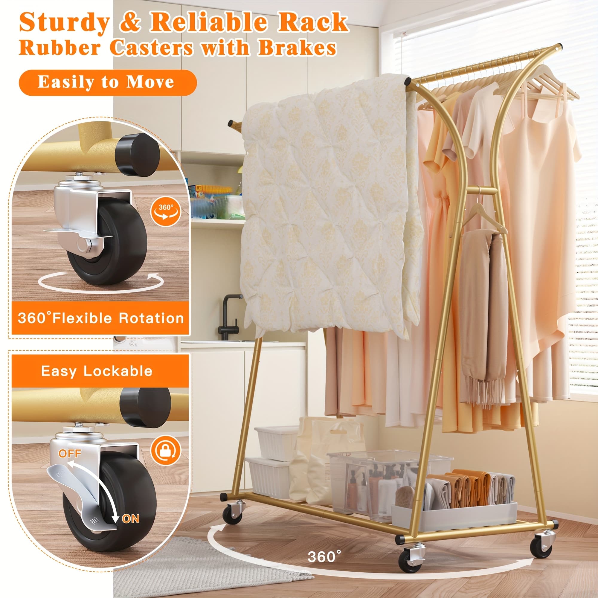 TEMU 238 Lbs Double Rods Clothing Garment Rack, Rolling Clothes Organizer On Wheels For Hanging Clothes, For Bedroom, Living Room, Easy Assembly, Closet And Storage, , , Modern