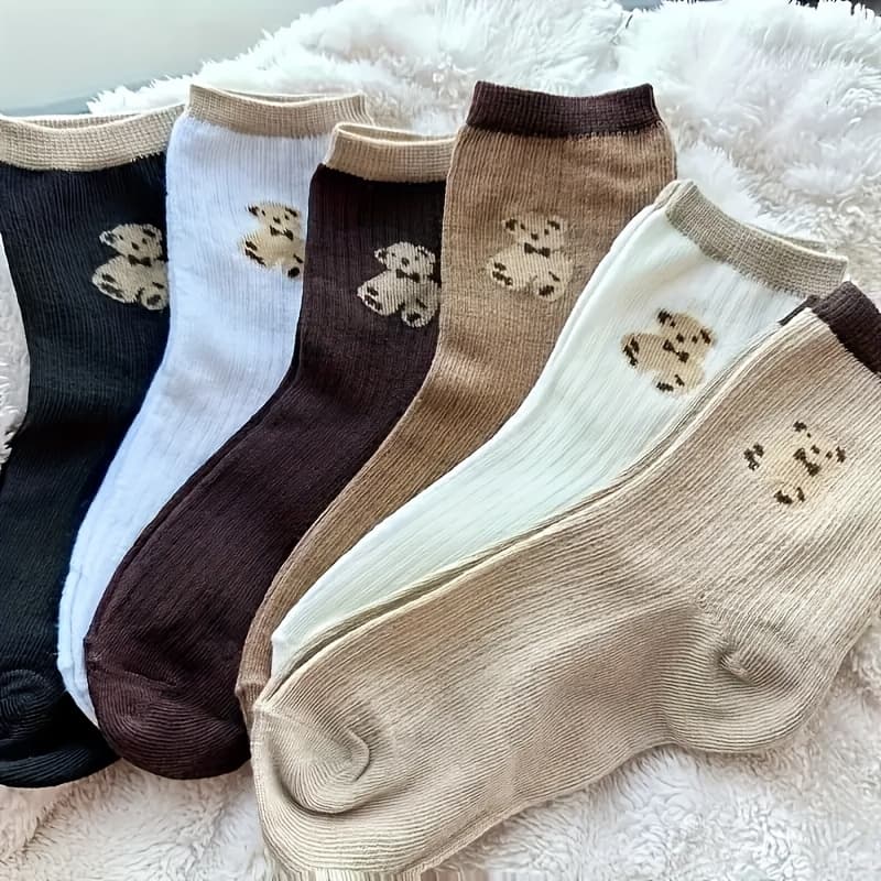 TEMU 5 Pairs Of Cute Bear Pattern Mid-calf Socks, Soft And Comfortable Autumn And Winter Warm Outdoor Socks