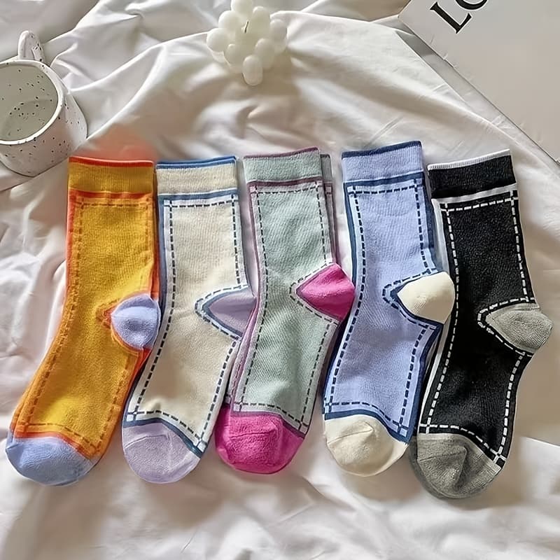 TEMU 5 Pairs Of Colorful Striped Socks Women's Mid-tube Socks Striped Korean Style Joint Trendy Fashion Sports Socks Ins Solid Color