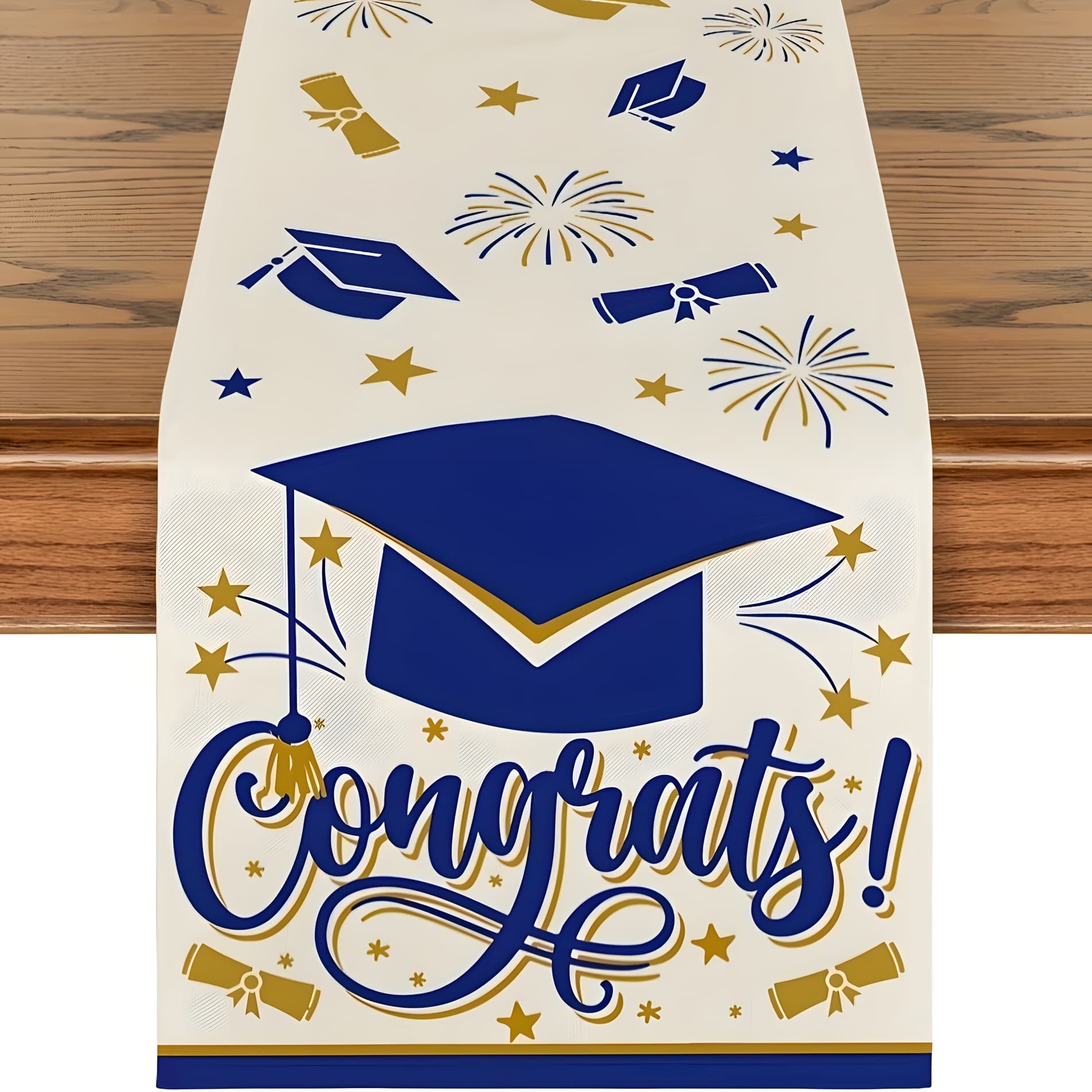 TEMU 1pc Blue "congratulations!" Graduation And Table Runner With Firework Design - Celebration Decoration, Suitable For Home Or Party, Perfect For Graduation Ceremony Tables, Restaurant Decor