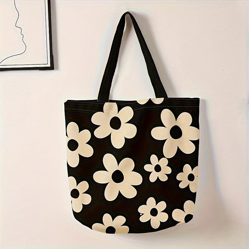TEMU Flower Pattern Printed Casual Tote Bag, Reusable Fashionable Backpack, Multifunctional Handbag, Letter Printed Shopping Bag