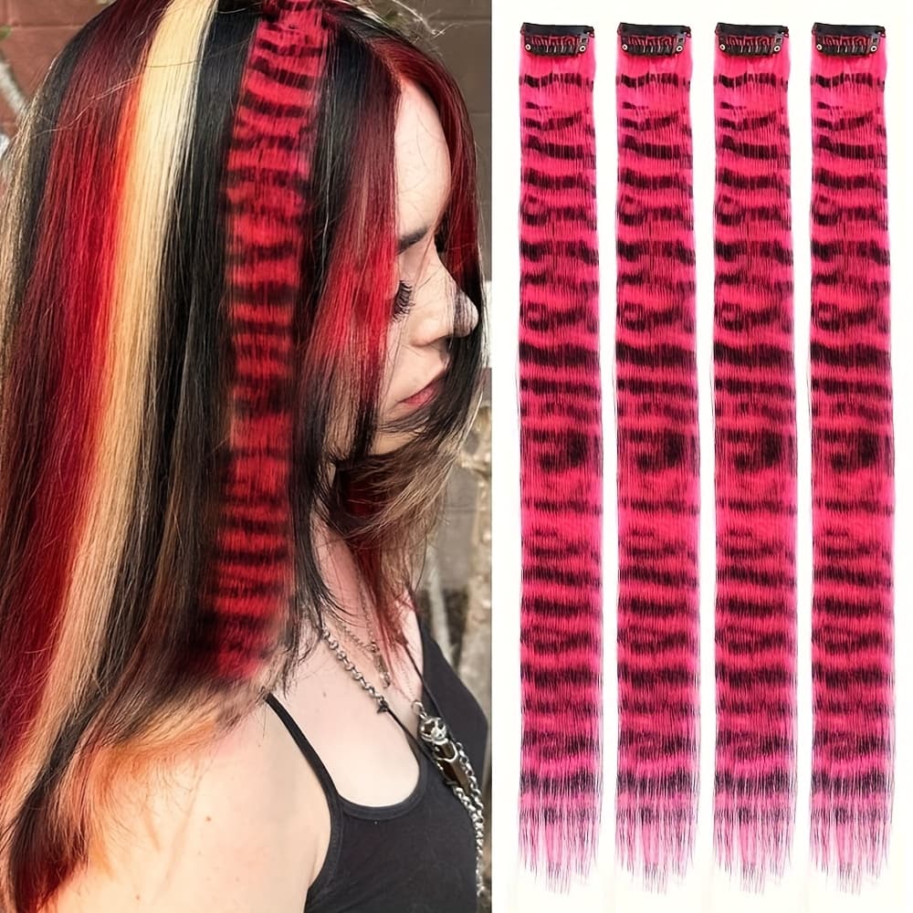 TEMU 4pcs - Y2k Emo Clip-in Hair Extensions -18inch - Black Streaked Synthetic Weave For Scene Teens Raccoon Hair