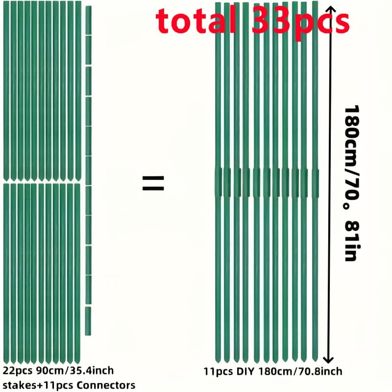 TEMU Diy 180cm/ "green Garden Plant Support And Connection Set, Durable Plastic Coated Metal Pile For Tomatoes, Eggplant And -contains 22 90cm/35.4" Rods And 11 Connectors, For 4