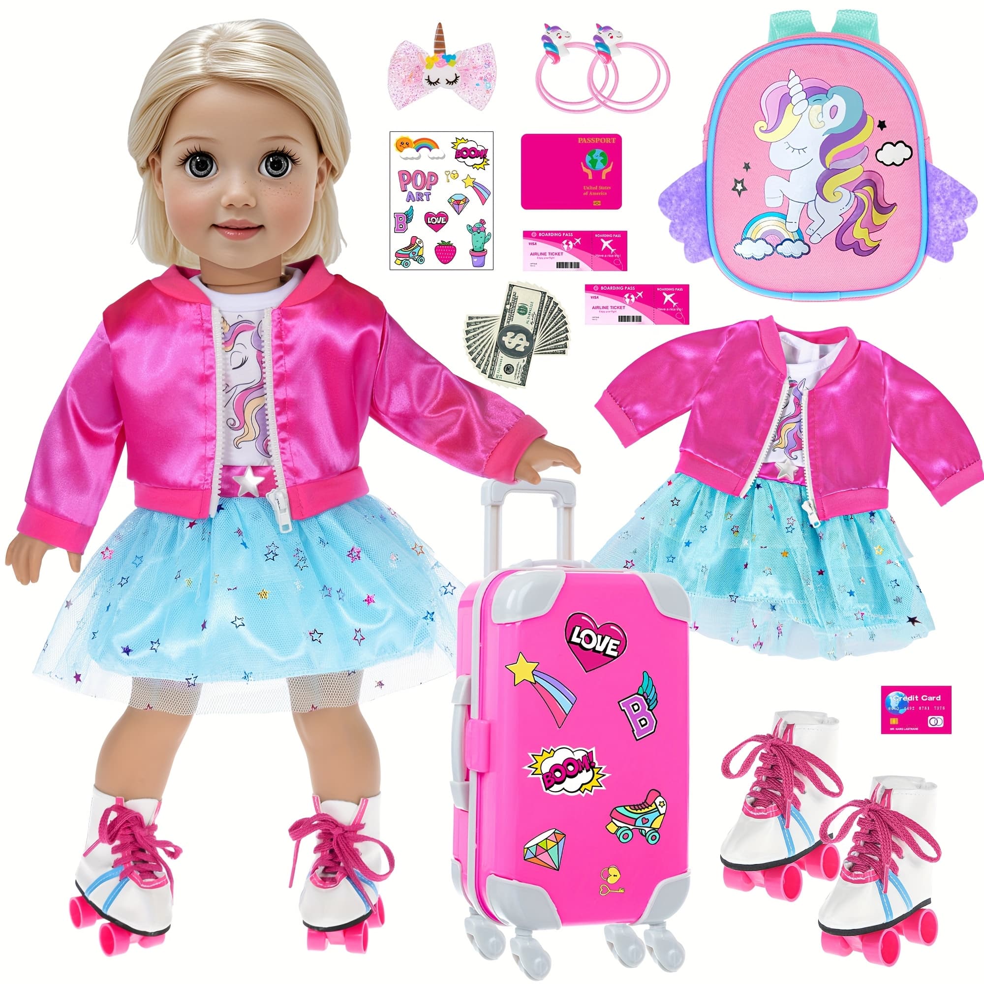 TEMU 18-inch Doll Set With Luggage, Jacket, Dress, Backpack & Accessories - Polyester, Mixed Colors (doll Not Included)