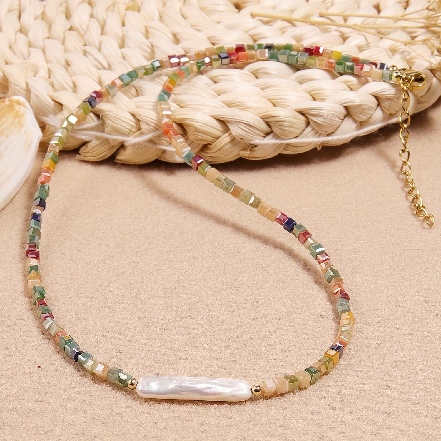 TEMU Natural Stone 1pc Women's Accessory Hand- Colorful Square Natural Stone Necklace Perfect Daily Gift For
