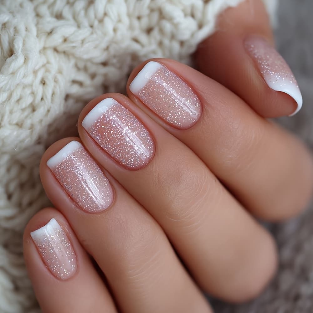 TEMU New Short Square French Fine Glitter Gentle Brightening Manicure, Fine Glitter Gradient White French Tips, Gentle And Everyday, Detachable And Reusable