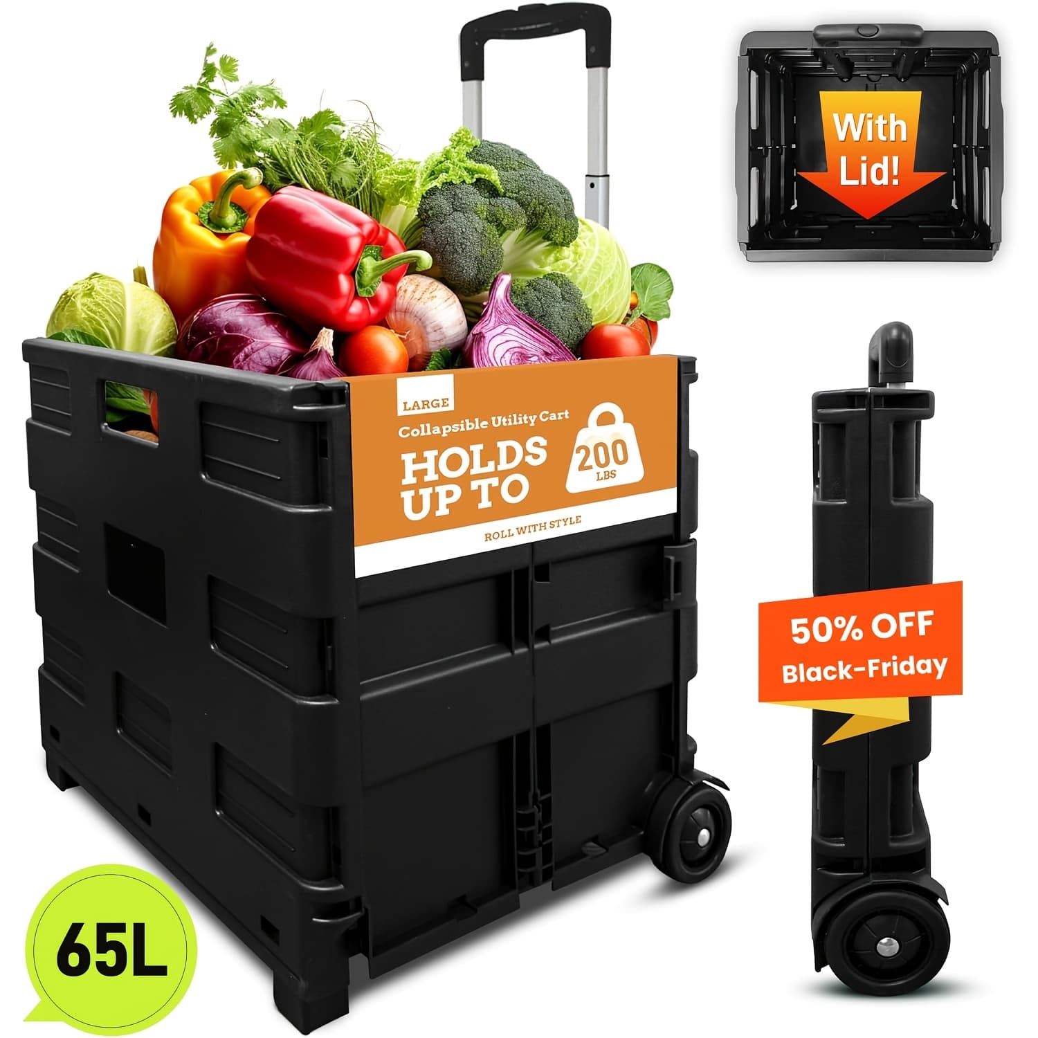 TEMU Folding Utility Cart 40l/45l/65l With/without Lid - Portable Rolling Crate Handcart Shopping Trolley Collapsible Tool Box, Shopping Basket On Rotate Wheels, For Grocery, Office, Luggage, Teacher