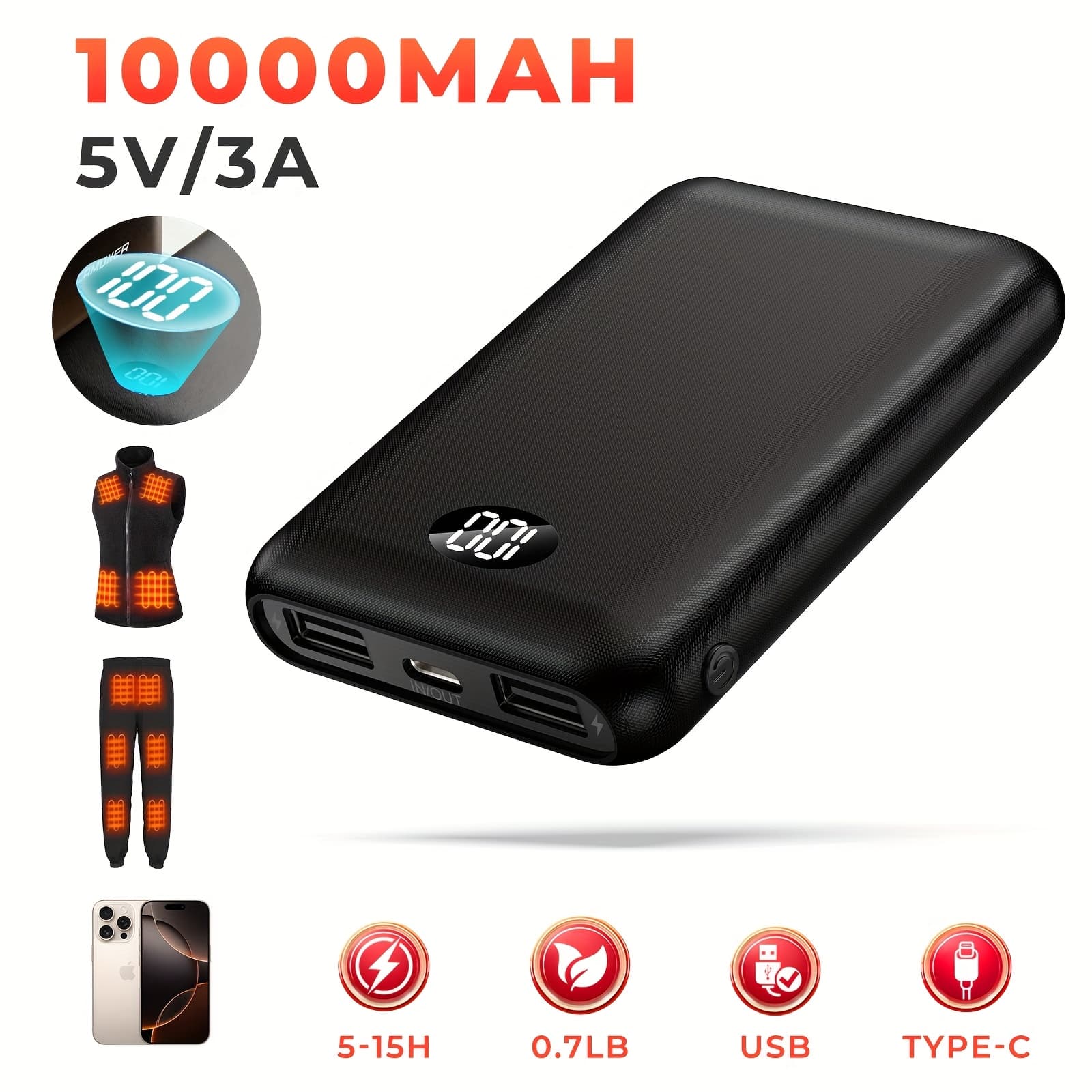TEMU 5v/3a 10000mah Heated Vest Battery Pack For , For , Power Bank With Led Display For Heated Vests, Jackets, And Hoodies