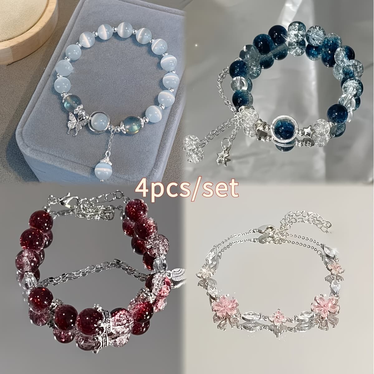 TEMU 4pcs Elegant Style Assorted Beaded Set, Exquisite Charm With Butterflies, Flowers, And Stars, Made Of 's Eye And Glass Beads, Fashionable And Versatile Women's Accessory