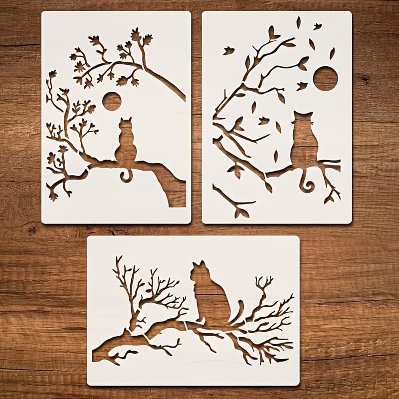 TEMU Reusable Branches And Cat Template Stencil - Diy With Branches Suitable For Walls,, Furniture - -to-use Stencograph For Home Decor, Reusable Tree Branch & Cat Stencils