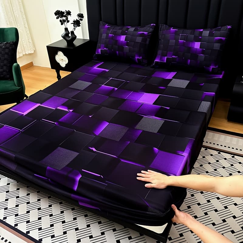 TEMU 3pcs Cool Technology Digital Printing Material Plaid Fitted Sheet(1pc Bed Sheet+2pcs Pillowcase No Filling)deep Pocket In 15 Inch At Home Dormitory Suitable For All Mattress Protector