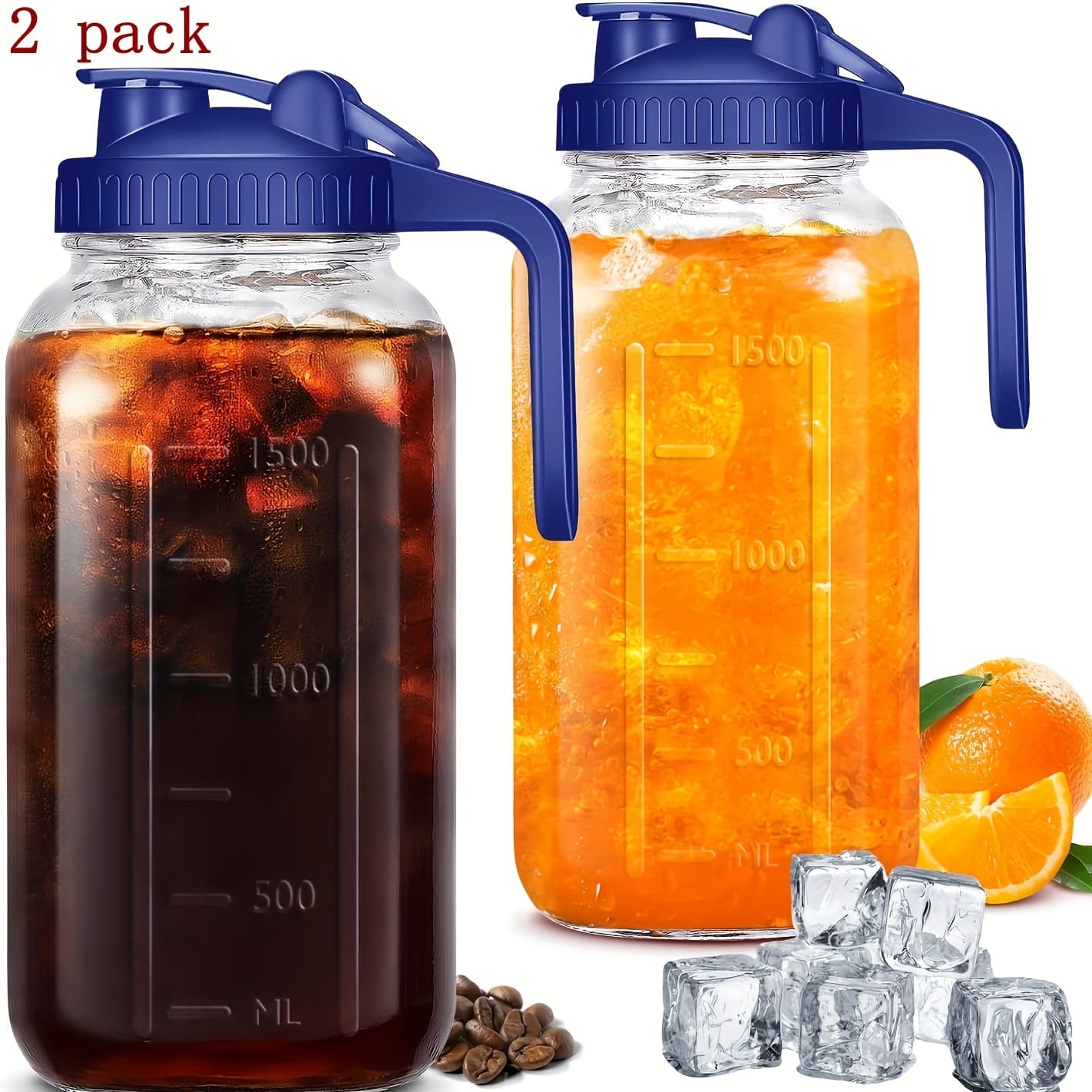TEMU 2/3 Pcs 64oz Mason Jars With Lid, Glass Pitcher Double Leak Proof With Pour Spout Handle, 2 Quart Wide Mouth Breast Milk Pitcher For Fridge, Creamer Container For Coffee,