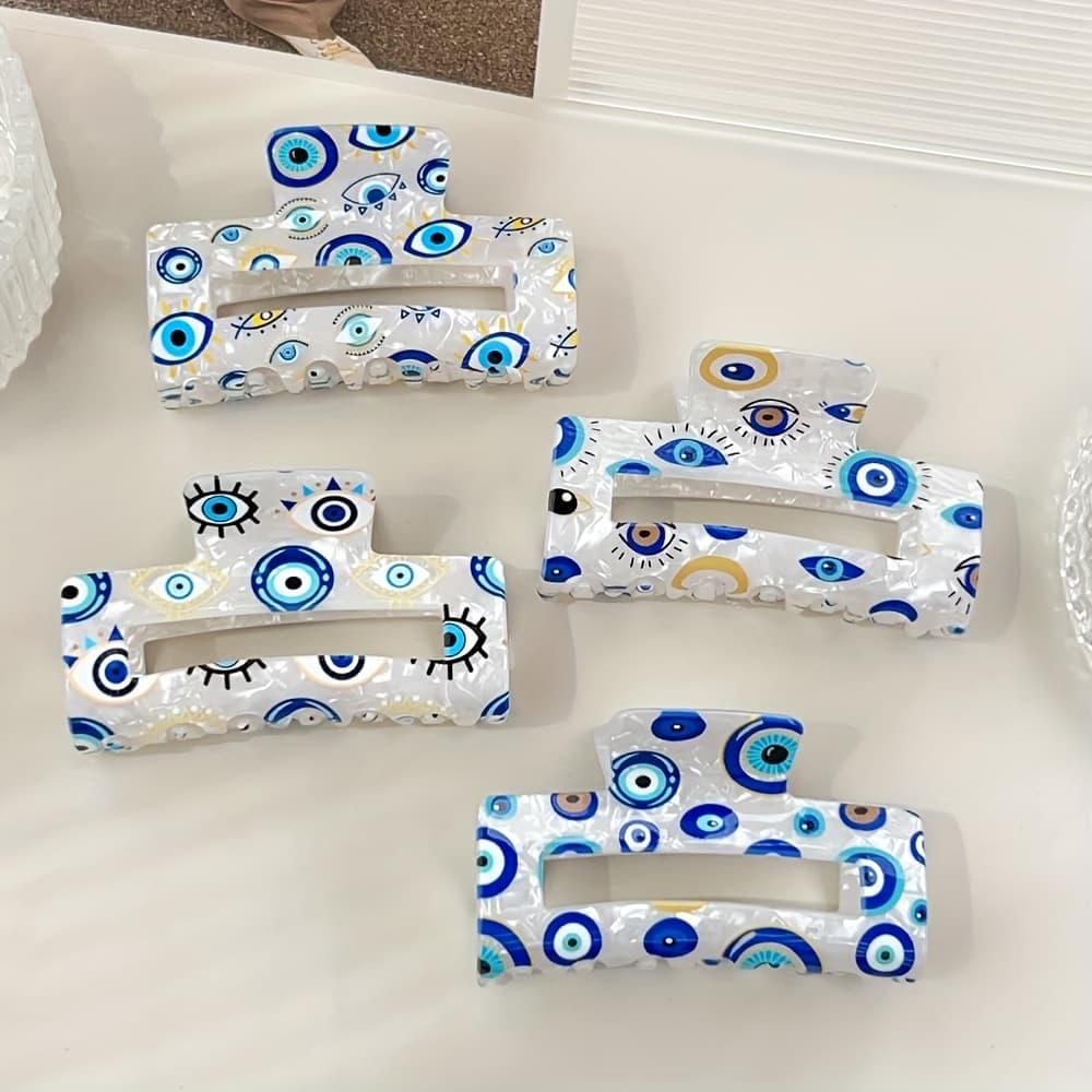 TEMU 4pcs Blue Hair Clips - Easy Hollow Pattern Rectangular Hair Grips, Large Size For Women, Anti-slip Grip, Stylish Hair Additions For Daily And Formal Looks