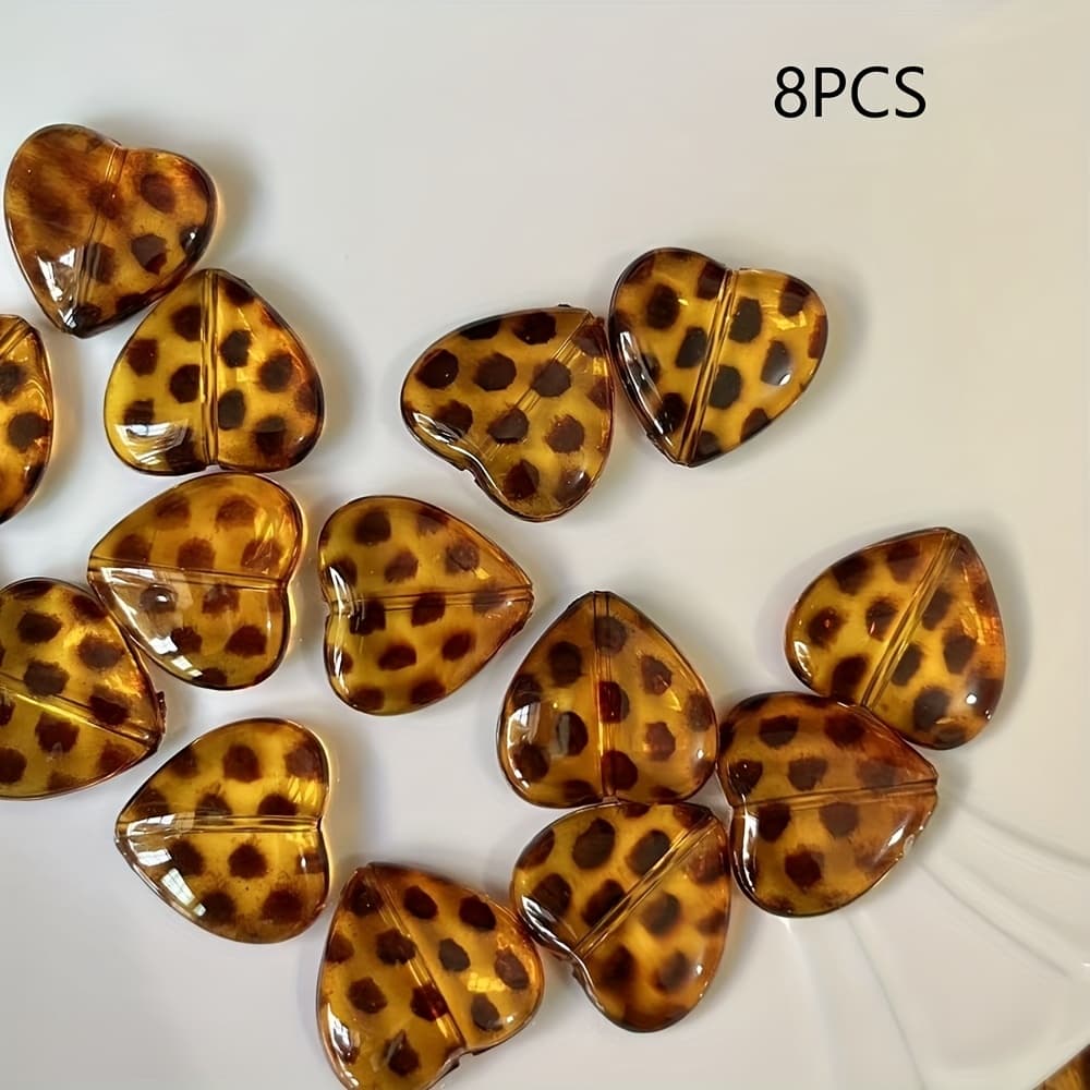 TEMU 8 Amber Heart-shaped Leopard Print Beads For Making, Small , Crafts And Phone Chain Design Decorative Beads Beads & Bead Assortments