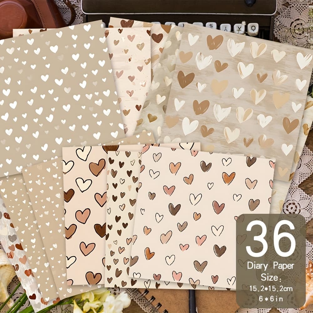 TEMU 36 Sheets Paper, '', Background For Albums, Crafts, Card Making, And Journaling, Decorative Straight Paper Material, Diary Scrapbooking Supplies - Brown Love Heart