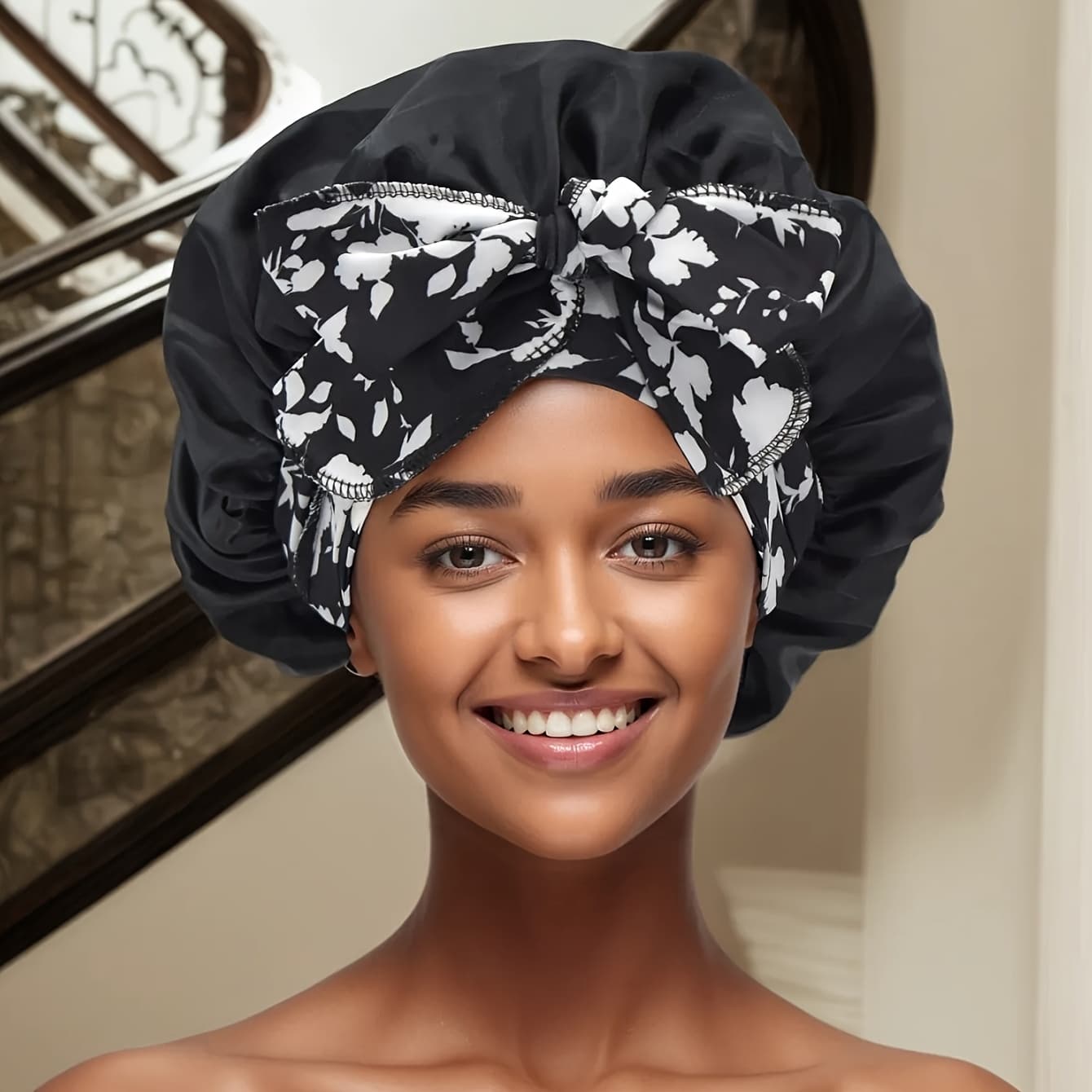 TEMU Long Ribbon Printed Satin Satin Ladies Enlarged Sleeping Hat Breathable Ladies Sleeping Hat Fixed Adjustable Elastic Shower