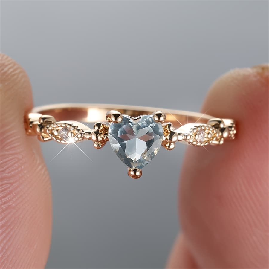 TEMU Elegant Heart Shaped Light Blue Synthetic Zirconia Plated Golden Plated Ring For Valentine's Day Holiday Wear, Durable And Shiny Additions