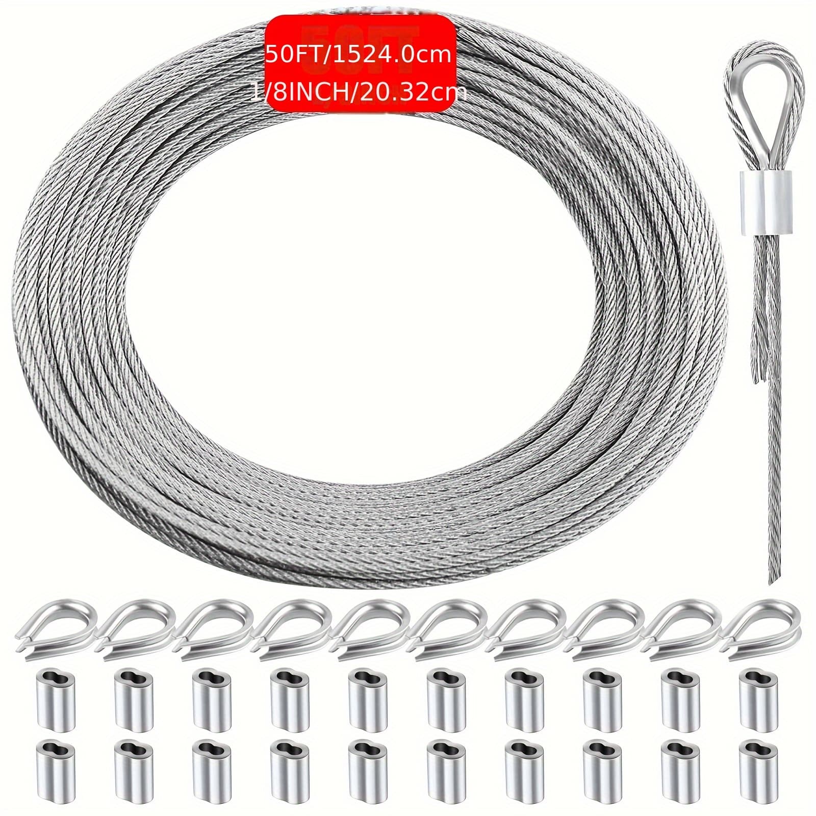 TEMU 100ft Wire Rope Metal Wire 1/8 In. Stainless Steel Cable 50 Ft. Wire Cable Length 7x7 Core Image Hanging Wire With Rings And 20 Aluminum Sleeves