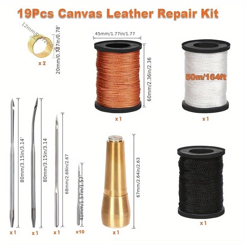 TEMU 19pcs Canvas Leather Repair Tool Kit - 13 Sewing Awl Needle, 1 Copper Handle, 3 50m Nylon Cord Thread And 2pcs Thimble For Handmade Leather Sewing Tools Shoe And Leather Repair