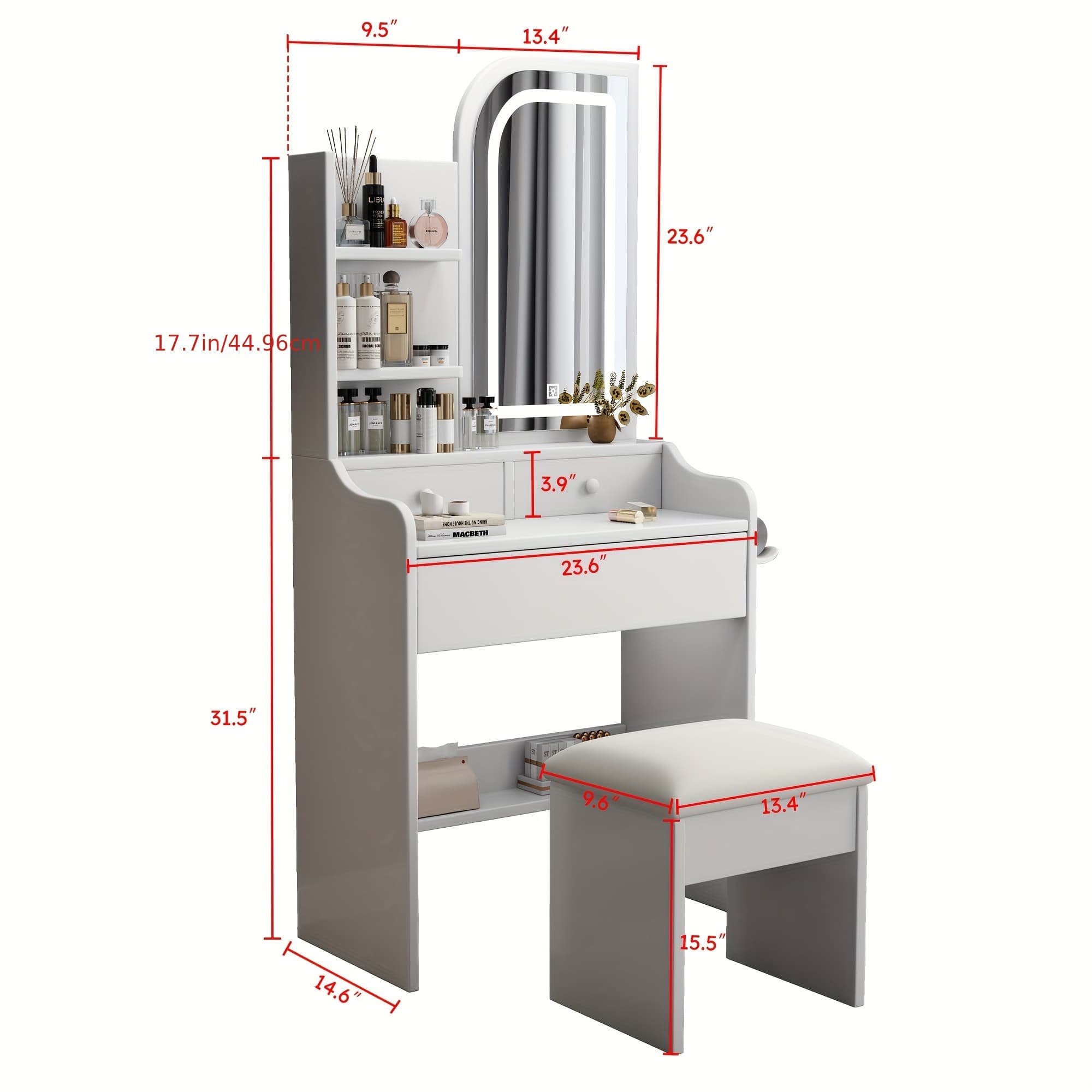 TEMU Fashion Vanity Desk With Mirror And Lights For Makeup With Hair Dryer Holder And Chair, Vanity Mirror With Lights And Table Set With 3 Color Lighting Brightness Adjustable, 3 Drawers,