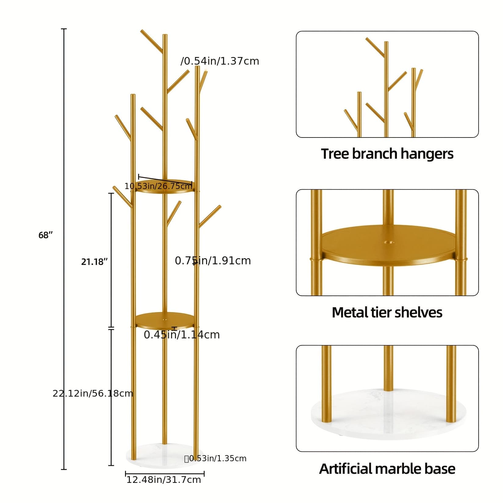 TEMU Aesome Golden Coat Racks Freestanding Metal Coat Racks Stand 3-tier Storage Shelves With 9 Hooks And Stable Stone Base For Entryway Coat Racks Tree Hanger, Purses Racks