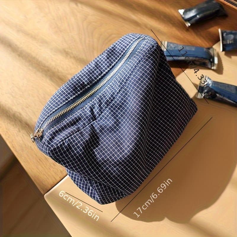 TEMU 1pc Checkered Striped Fabric Cosmetic Bag Square 3d Zipper Storage Bag Travel Portable Handbag Inner Bag