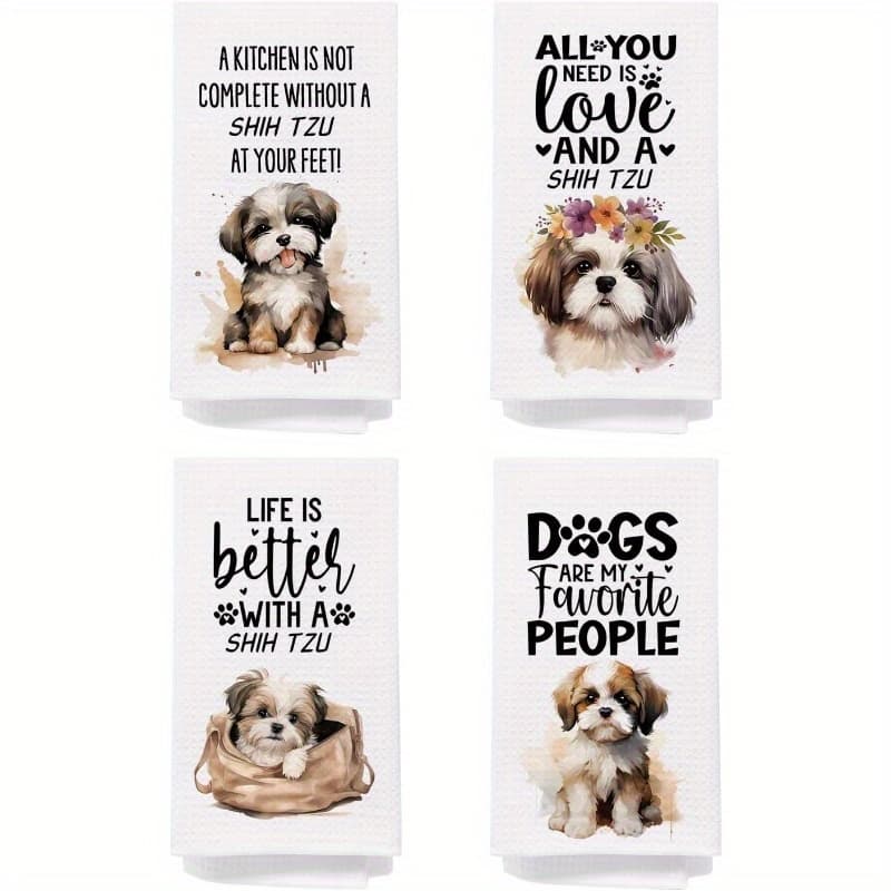TEMU 4pcs Shih Tzu Kitchen Towels - 18x26 Inch, Super Soft Polyester, Cute & Funny Shih Tzu Designs, Perfect For Cooking, Baking, And Bathroom Decor, Machine Washable, Dish Towels