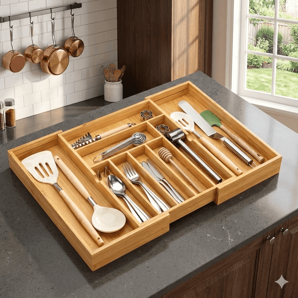 TEMU Bamboo Drawer Organizer Expandable - Adjustable Silverware Tray, Cutlery And Utensil Holder For Kitchen Drawer, Multi-use Storage Tray For Office, Home