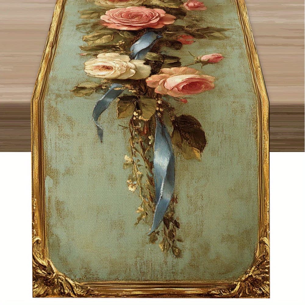 TEMU 1pc Relief Texture Table Runner With Relief Texture & Vintage Long Print - Raised Relief Suitable For Entryway, Dining Table, Weddings, Banquets - Elegant, - Polyester Fabric