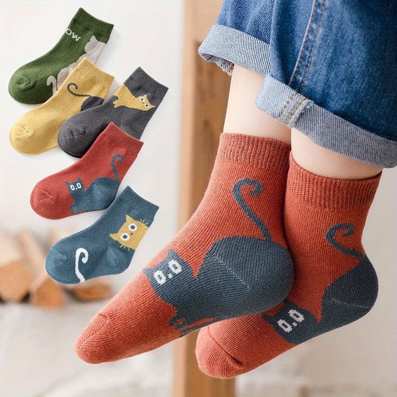 TEMU Adorable Cat-themed Socks For Kids, Perfect For And In 5 Different Pairs