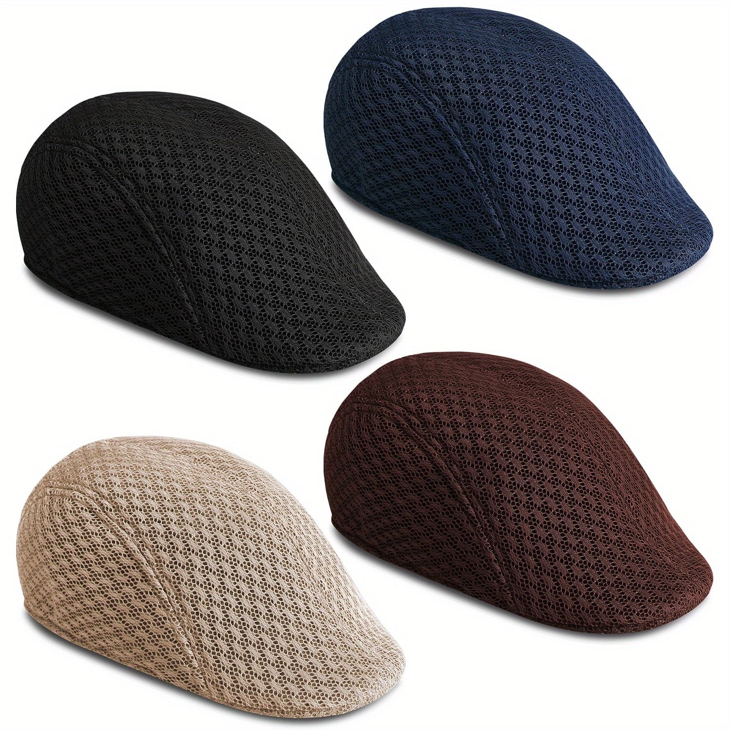 TEMU Unisex Breathable Mesh Beret Hat - Solid Color Casual Flat With Adjustable Pu Strap Fashion Accessory (black/ Blue/ Khaki/ Brown)