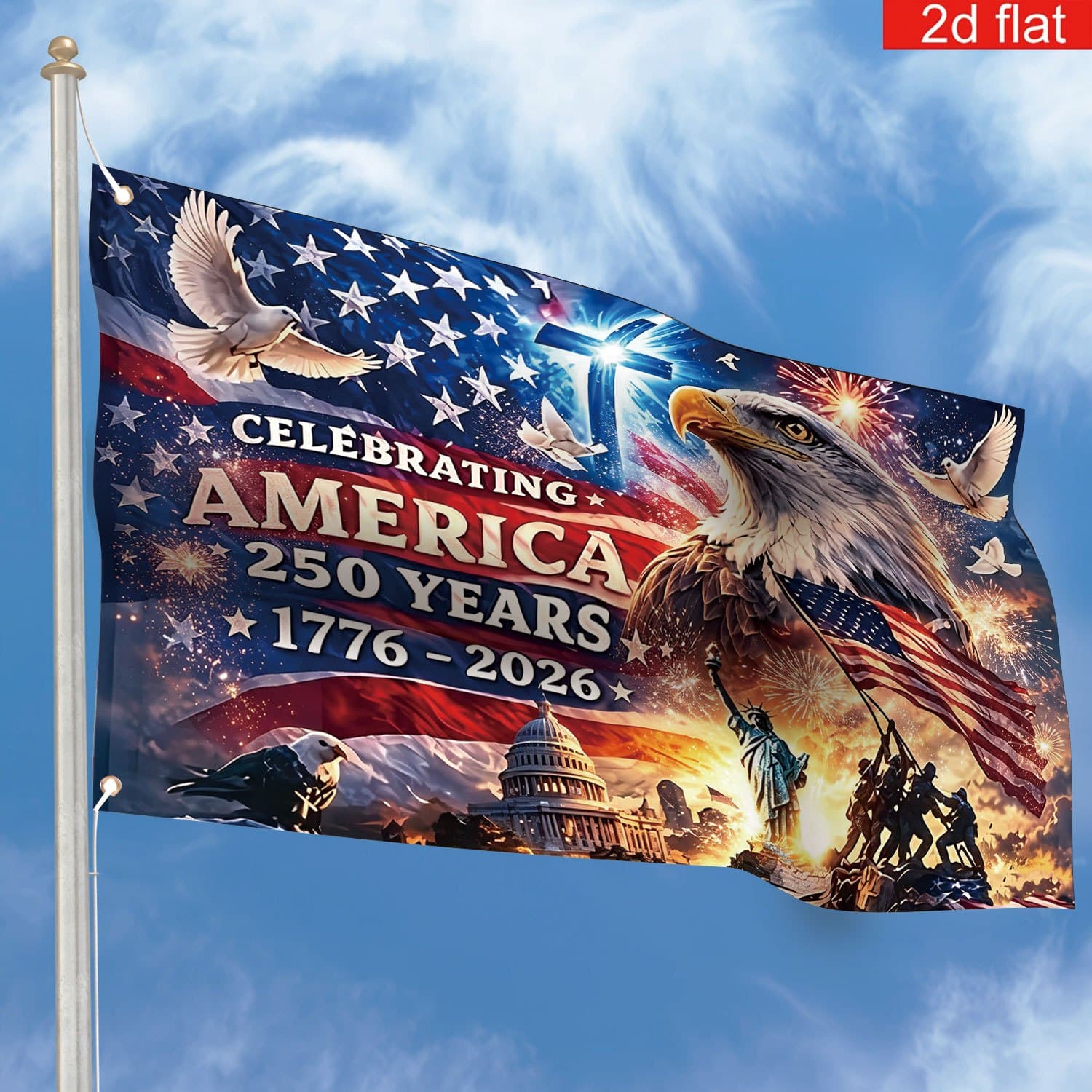 TEMU 2d Flat Banner, 1pc, Exquisite American Day Flag Banner, Polyester, 1776-2026, Bald Eagle Usa Flag Pattern, American 250th Anniversary And Day Decor