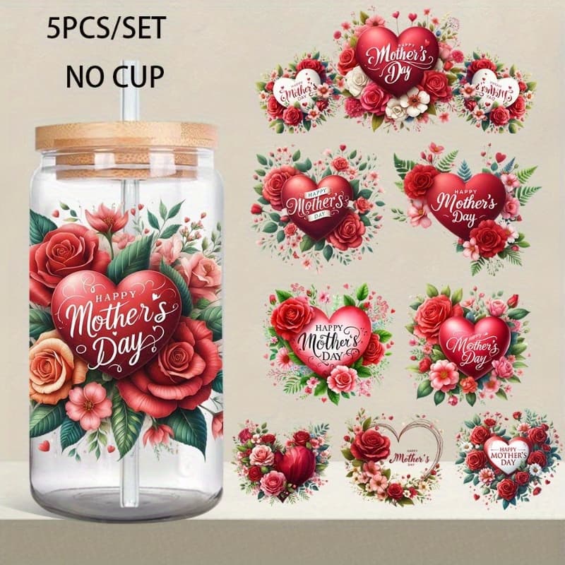 TEMU 5pcs Happy Self-adhesive Uv Dtf Transfer Vinyl Sheets - Pre-cut Iron-on Patches Suitable For Diy Crafts, Cups, Bottles, Jars - Durable With Easy Application