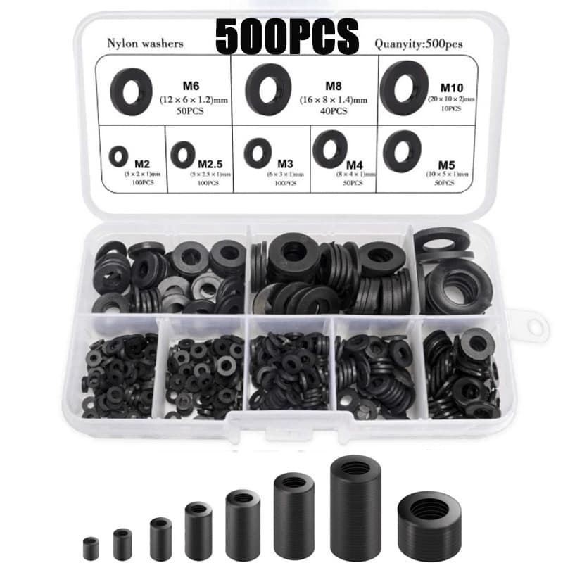 TEMU 500pcs Nylon Washer Flat Assortment Set With 8-size Safety Plates M2 M2.5 M3 M4 M5 M6 M8 M10 Nylon Sealing Washers