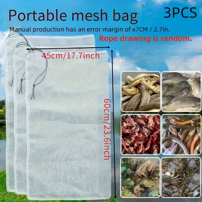 TEMU 3pcs, 140 Mesh Nylon Net Bags Drawstring Filter Bags Bags Fish Bags Eel Bags Worm Bags Filtration Dehydration Tea Bags Random