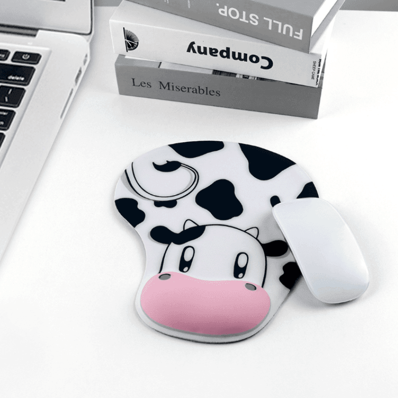 TEMU Cow-themed Wrist Mouse Pad - Soft, Non-slip Rubber Base, Cute Cartoon Cow Design With Pink Horn & Black Spots, Office Or Home Use, Mouse Pads For Desk